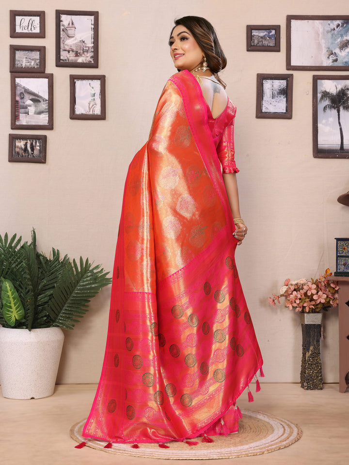 Orange Sonali Banarasi Silk Saree With Contrast Paithani Woven Borders & Pallu