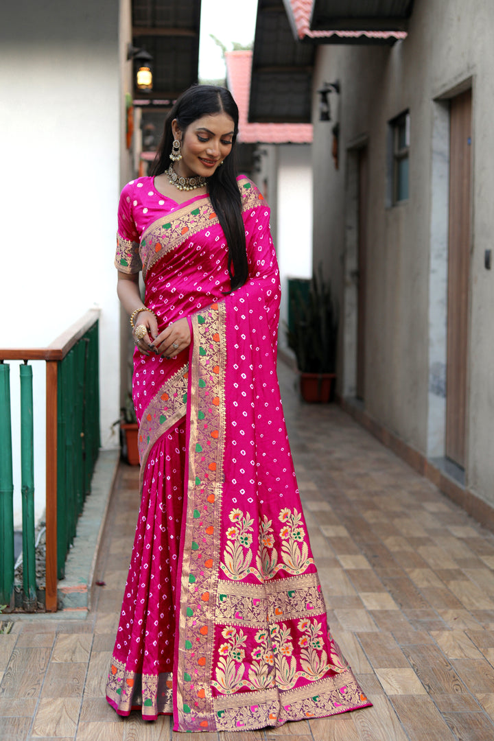 Pink Nazakat Pure Bandhej Silk Saree With Patola Border Zari Weaving Paithani And Paithani Rich Pallu