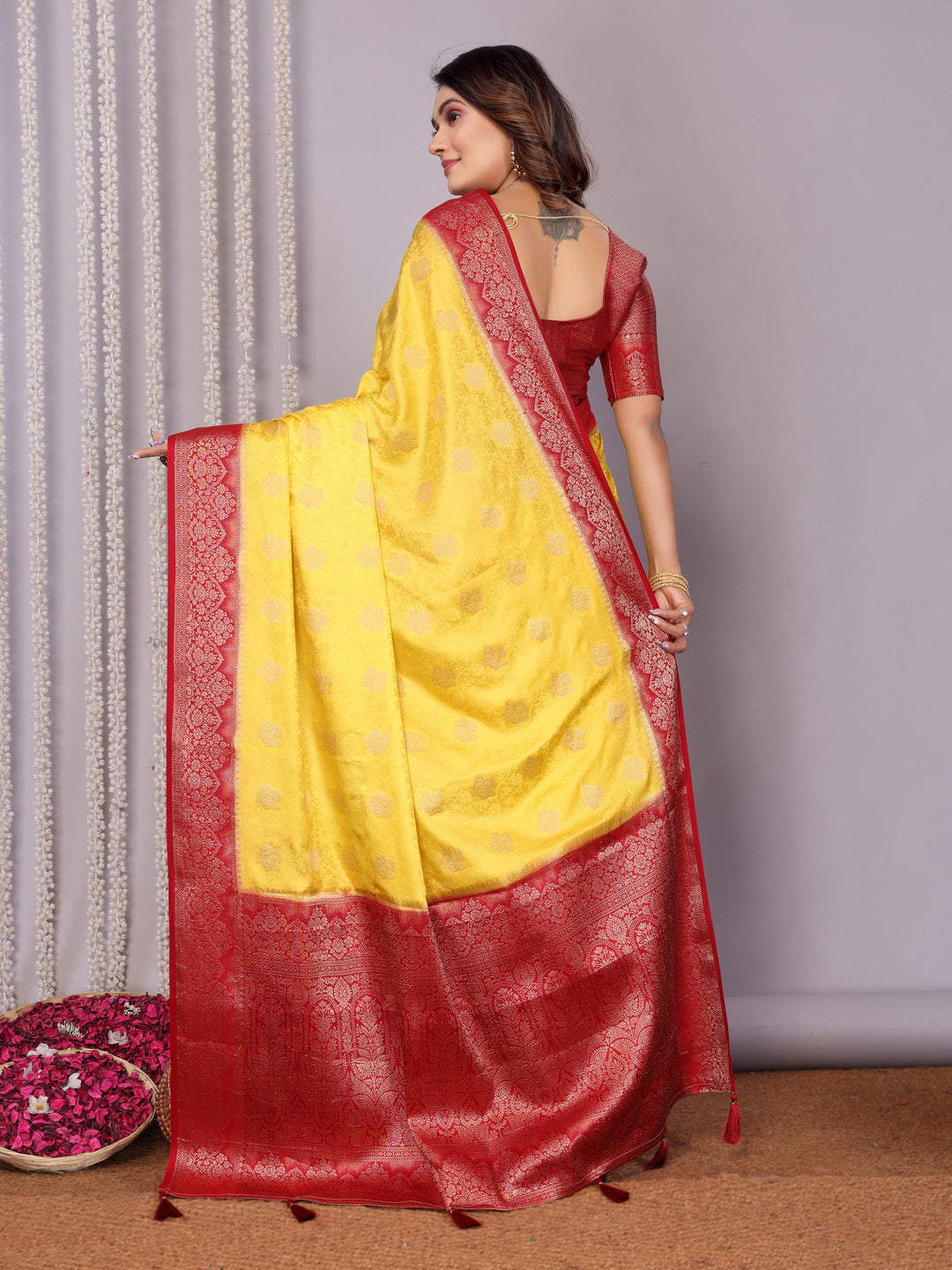 Lemon-yellow Sandhya Satin Silk Sarees With Butta Designs & Contrast Zari Woven Borders