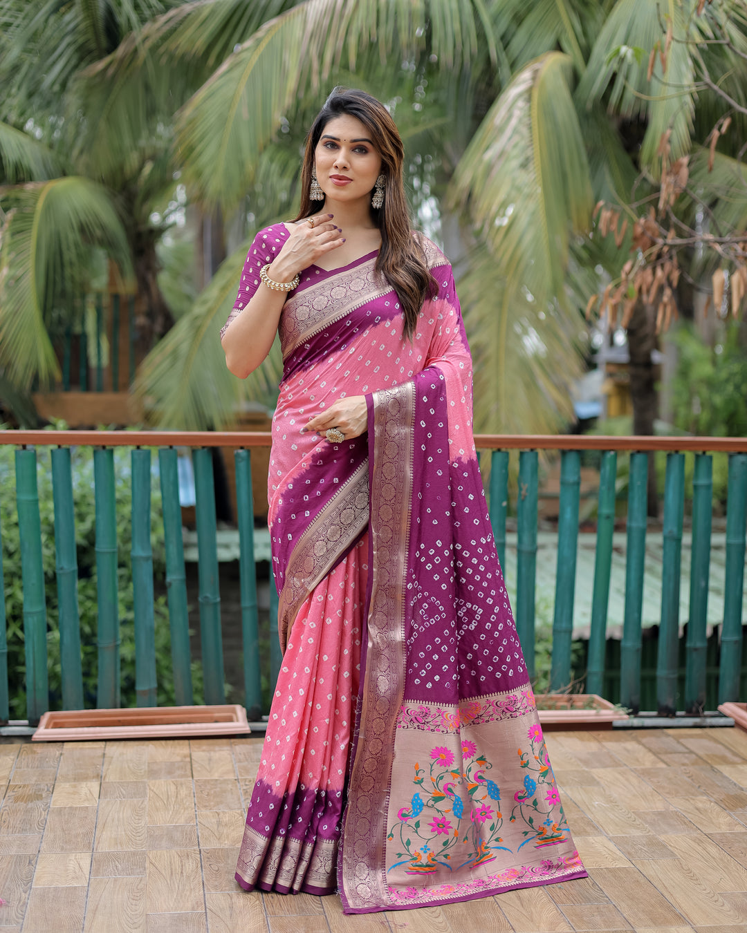 Pink Devika Dola Soft Silk Bandhej Sarees Jari Paithani Weaving Border & Weaving Paithani Style Rich Pallu
