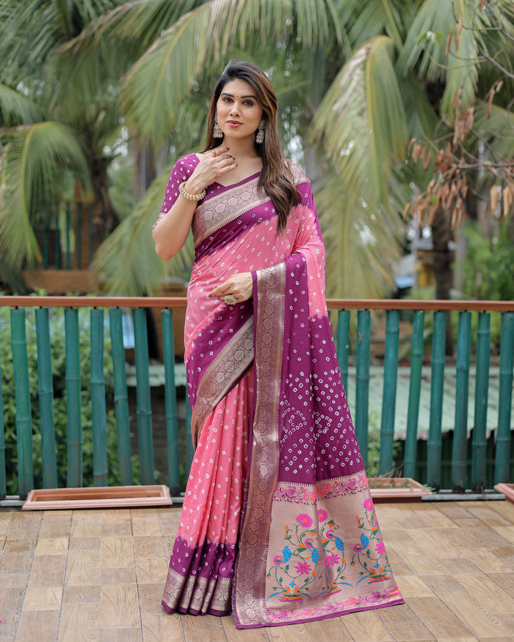 Pink Devika Dola Soft Silk Bandhej Sarees Jari Paithani Weaving Border & Weaving Paithani Style Rich Pallu