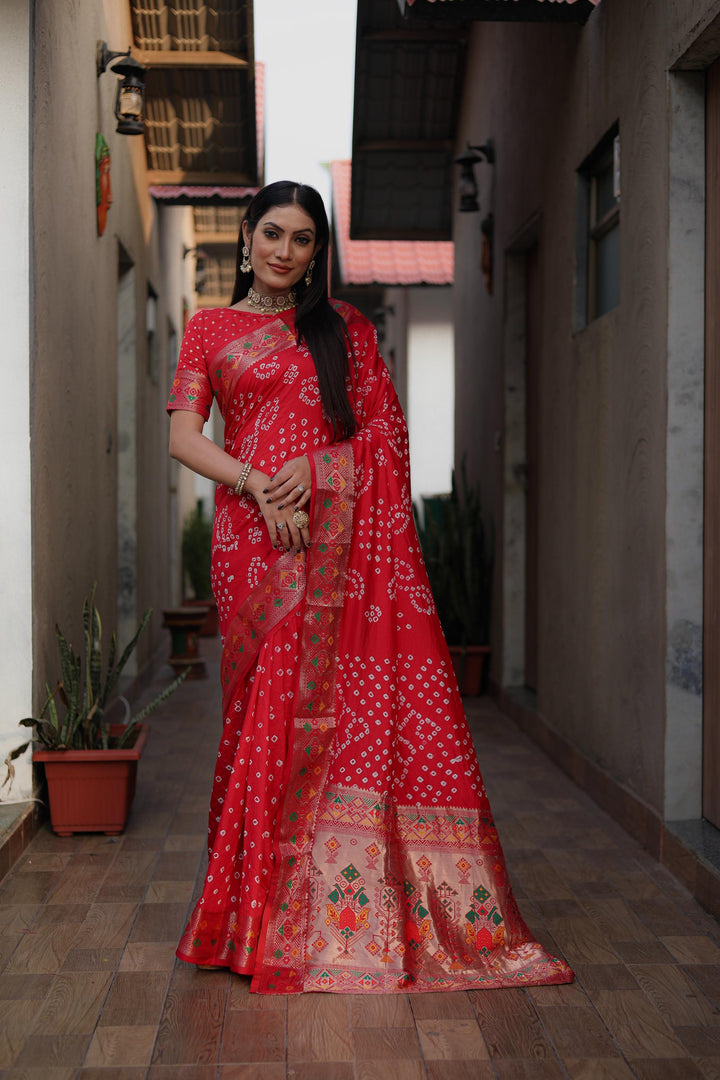 Red Mayraa Pure Bandhej Silk Saree With Patola Border Zari Weaving Paithani And Paithani Rich Pallu