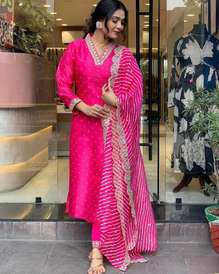 Pink Color Chanderi Kurti Embroidered Work With Pant & Dupatta Set