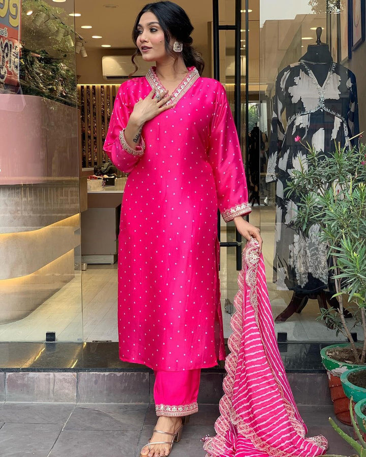 Pink Color Chanderi Kurti Embroidered Work With Pant & Dupatta Set
