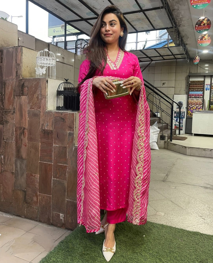 Pink Color Chanderi Kurti Embroidered Work With Pant & Dupatta Set