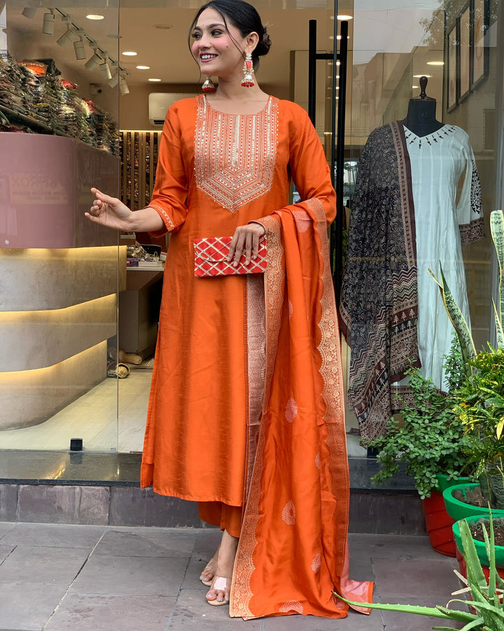 Orange Color Chanderi Silk Kurti Embroidered Work With Pant & Dupatta Set