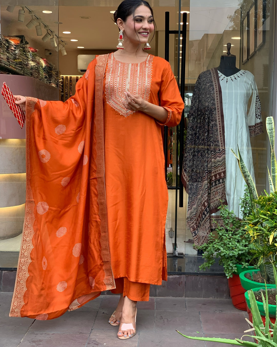 Orange Color Chanderi Silk Kurti Embroidered Work With Pant & Dupatta Set