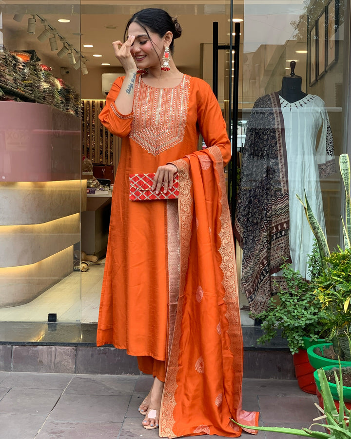 Orange Color Chanderi Silk Kurti Embroidered Work With Pant & Dupatta Set