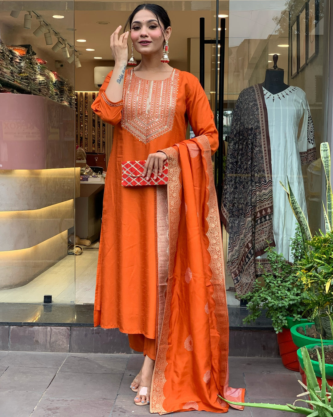 Orange Color Chanderi Silk Kurti Embroidered Work With Pant & Dupatta Set
