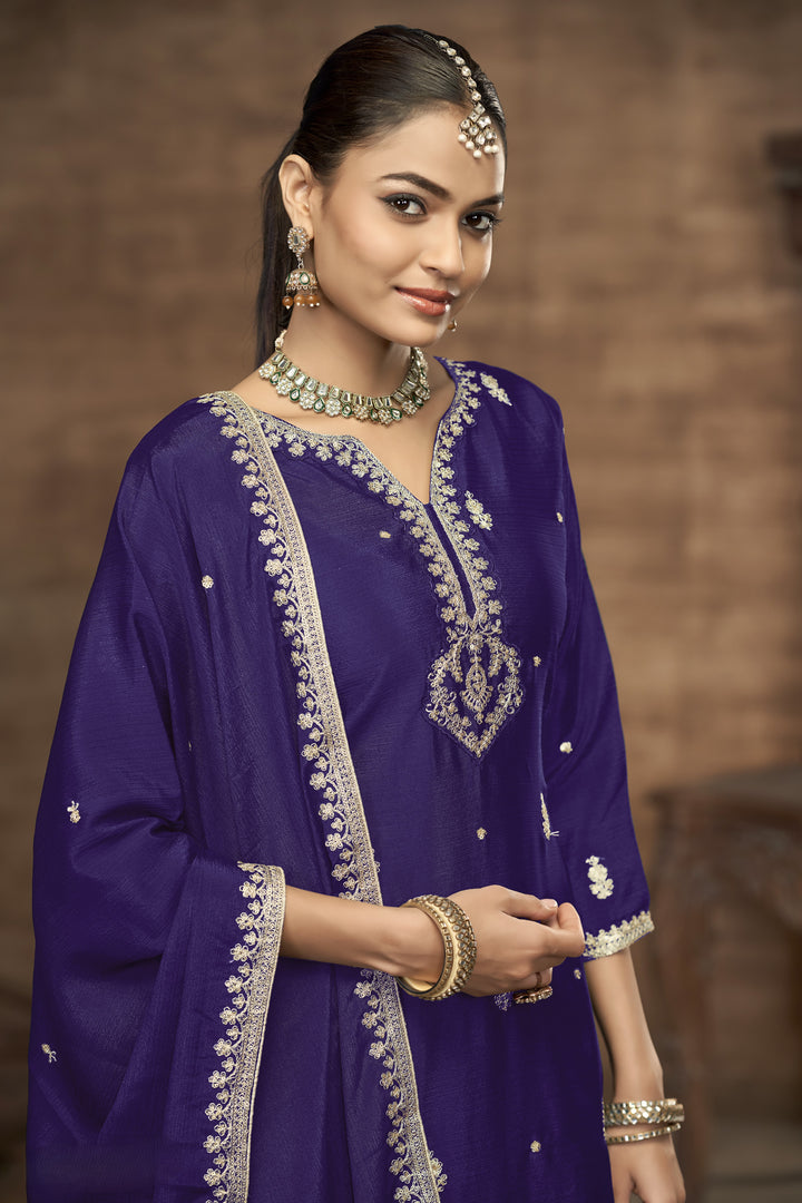 Purple Color Chinnon With Embroidery And Sequins Work Top And Plazo
