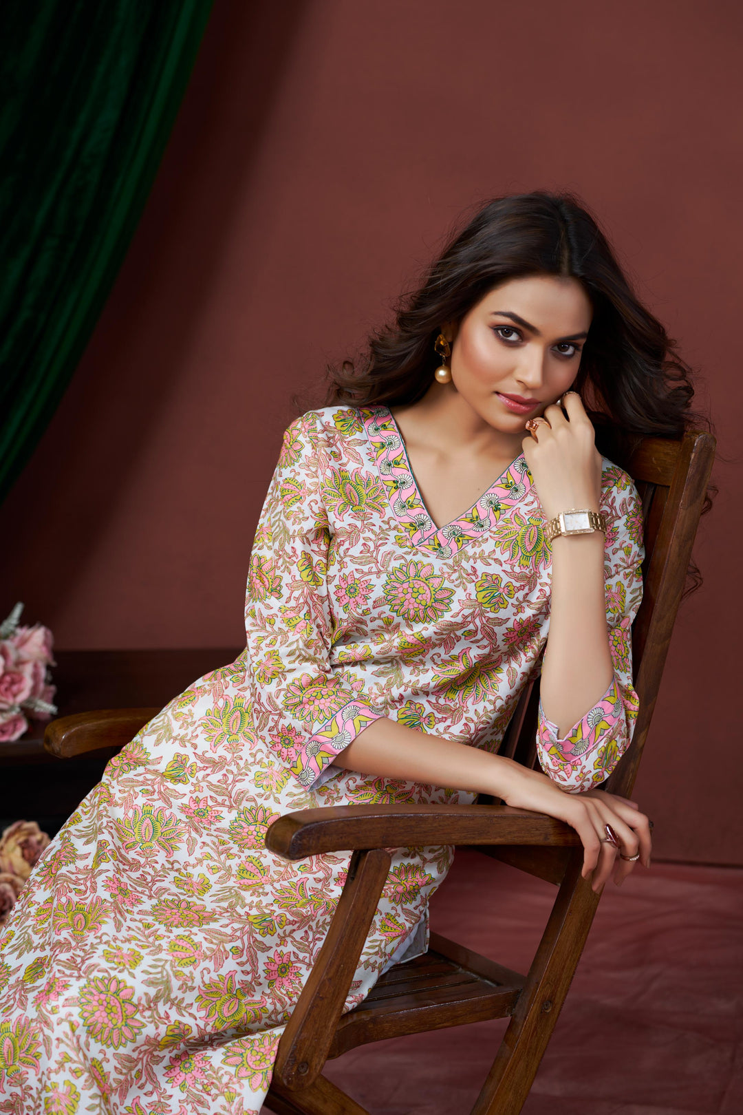 White and Pink Color Cotton Lilen With Print And Embroidery Work Kurti