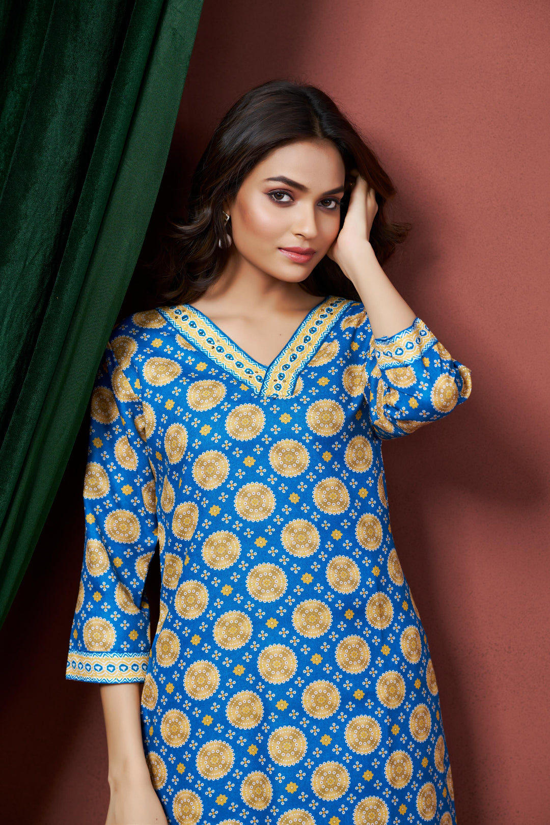Blue Color Cotton Lilen With Print And Embroidery Work Kurti