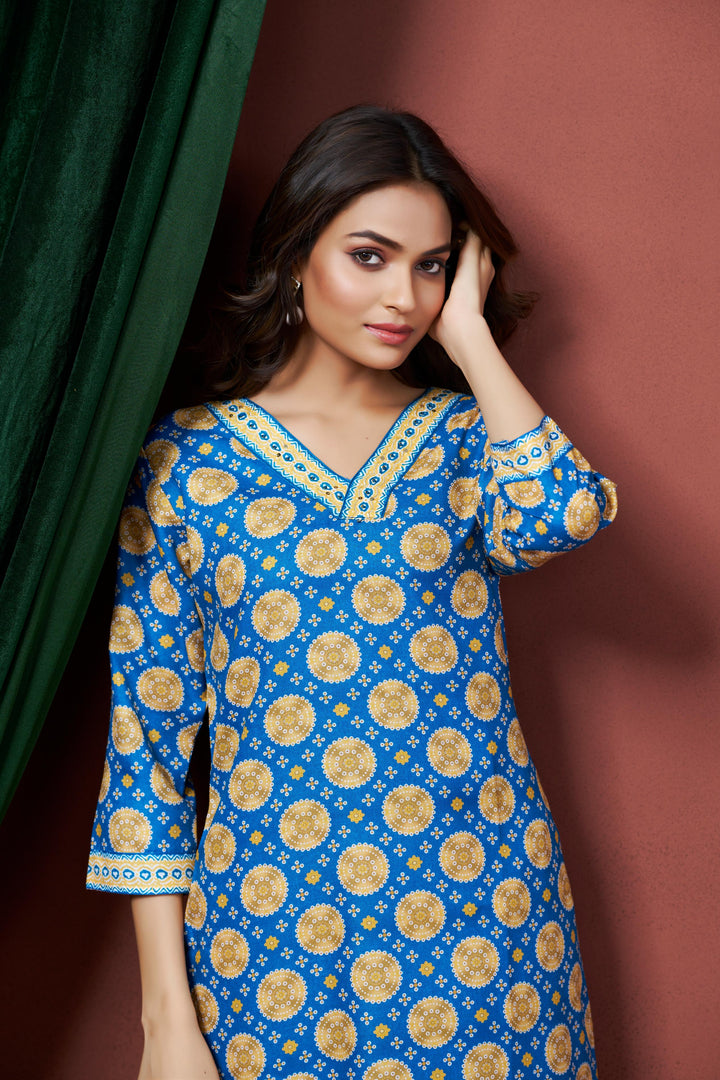 Blue Color Cotton Lilen With Print And Embroidery Work Kurti
