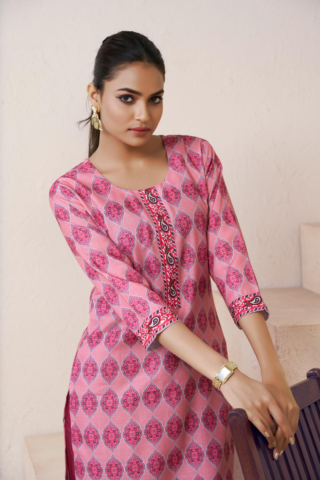 Pink Color Cotton Lilen With Print And Embroidery Work Kurti