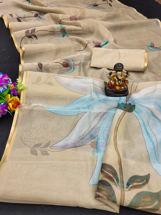 Beige Shehnaz Organza Digital Print Soft Shiny Art Silk Saree With Inspired Gold Border