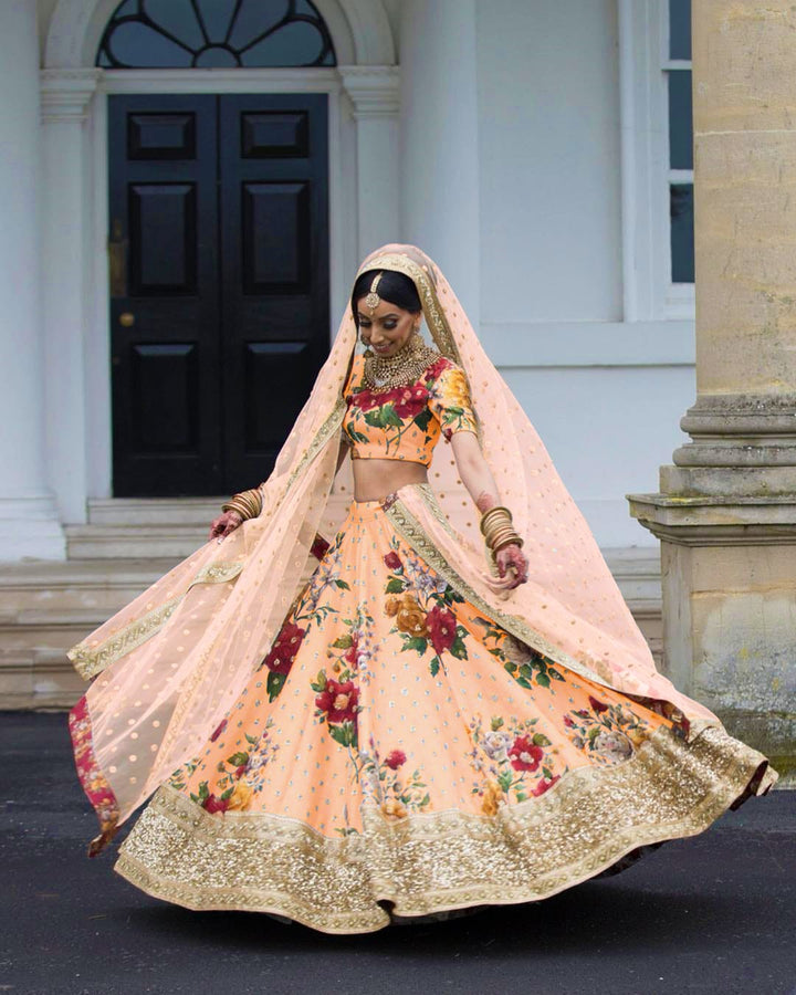 Peach Color Art Silk Sequins Embroidered Border and Pearl work Lehenga Choli