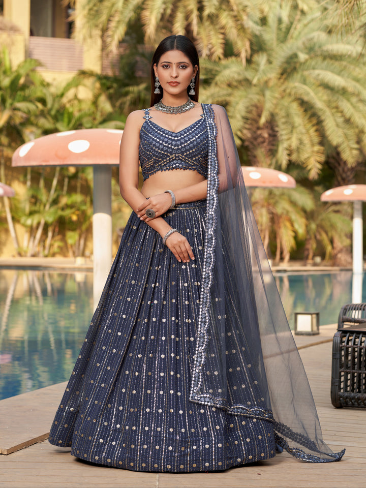 Gray Color Georgette Sequins and Thread With Mirror Paper Embroidery Work Lehenga Choli