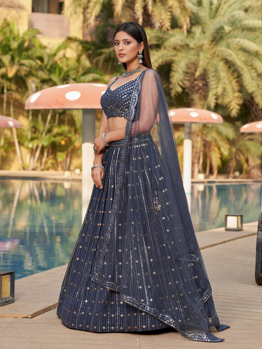 Gray Color Georgette Sequins and Thread With Mirror Paper Embroidery Work Lehenga Choli