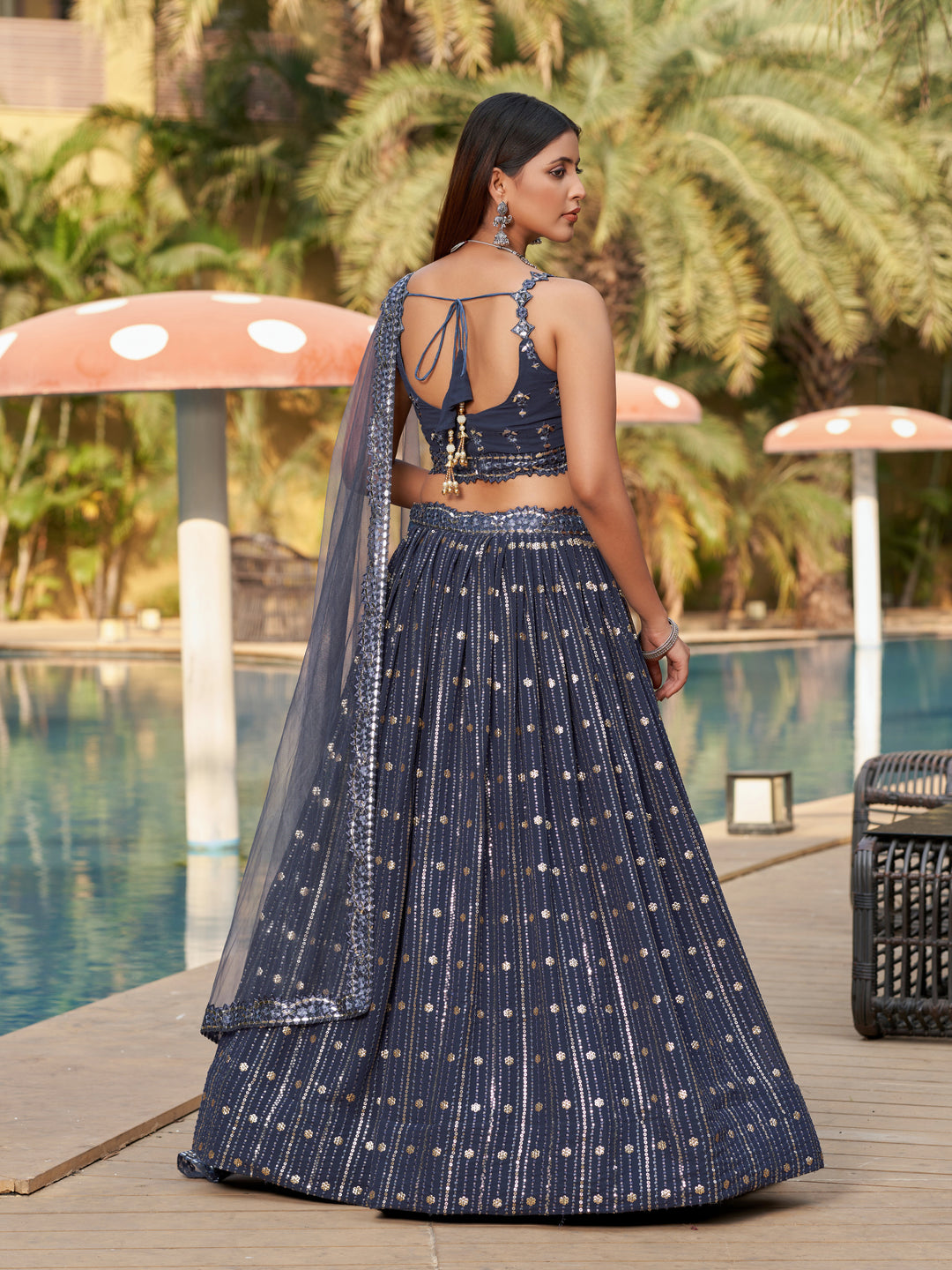 Gray Color Georgette Sequins and Thread With Mirror Paper Embroidery Work Lehenga Choli