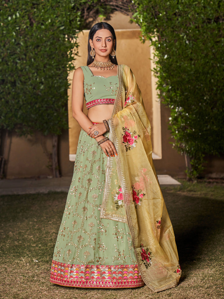 Pista-Yellow Color Georgette Sequins And Dori Work Embroidery Lehenga Choli