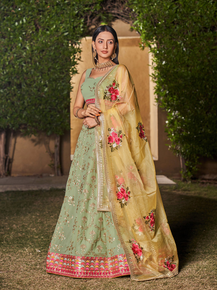Pista-Yellow Color Georgette Sequins And Dori Work Embroidery Lehenga Choli