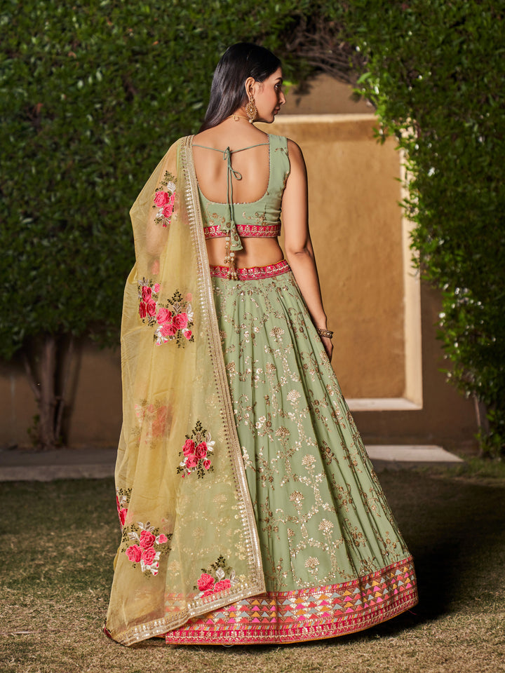 Pista-Yellow Color Georgette Sequins And Dori Work Embroidery Lehenga Choli