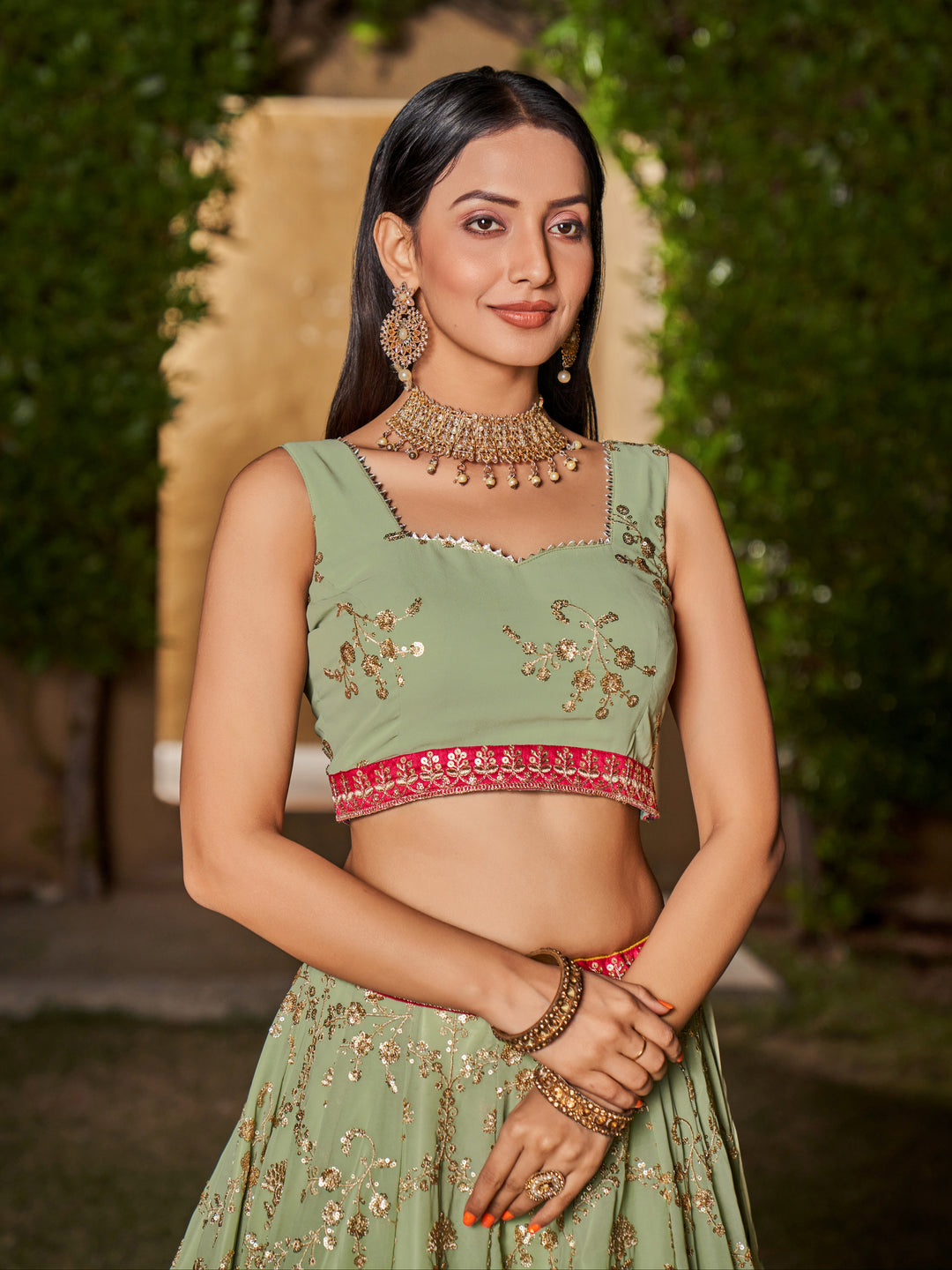 Pista-Yellow Color Georgette Sequins And Dori Work Embroidery Lehenga Choli