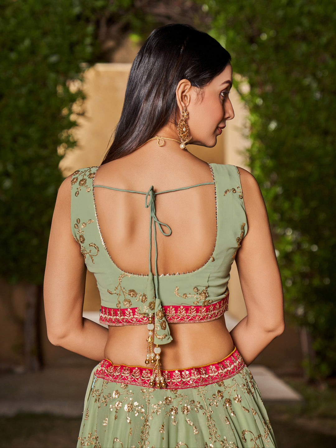 Pista-Yellow Color Georgette Sequins And Dori Work Embroidery Lehenga Choli