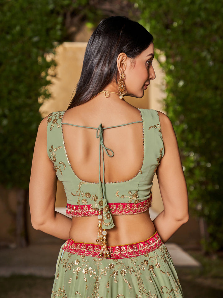 Pista-Yellow Color Georgette Sequins And Dori Work Embroidery Lehenga Choli