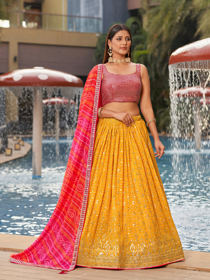 Yellow-Pink Color Georgette Sequins And Dori Work Embroidery Lehenga Choli