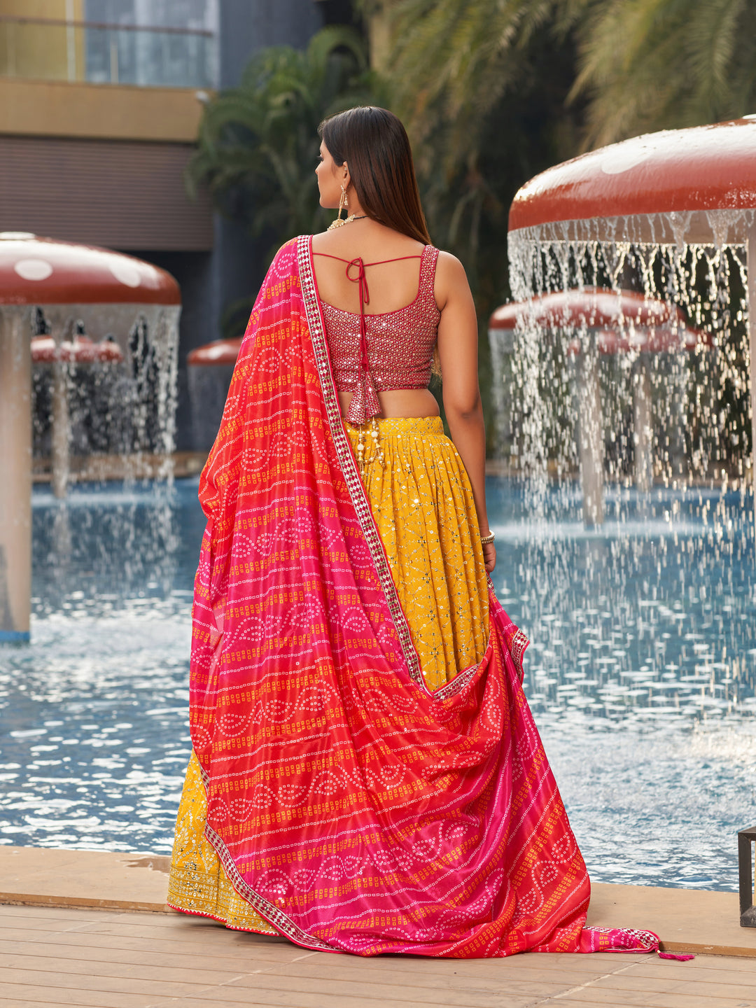 Yellow-Pink Color Georgette Sequins And Dori Work Embroidery Lehenga Choli