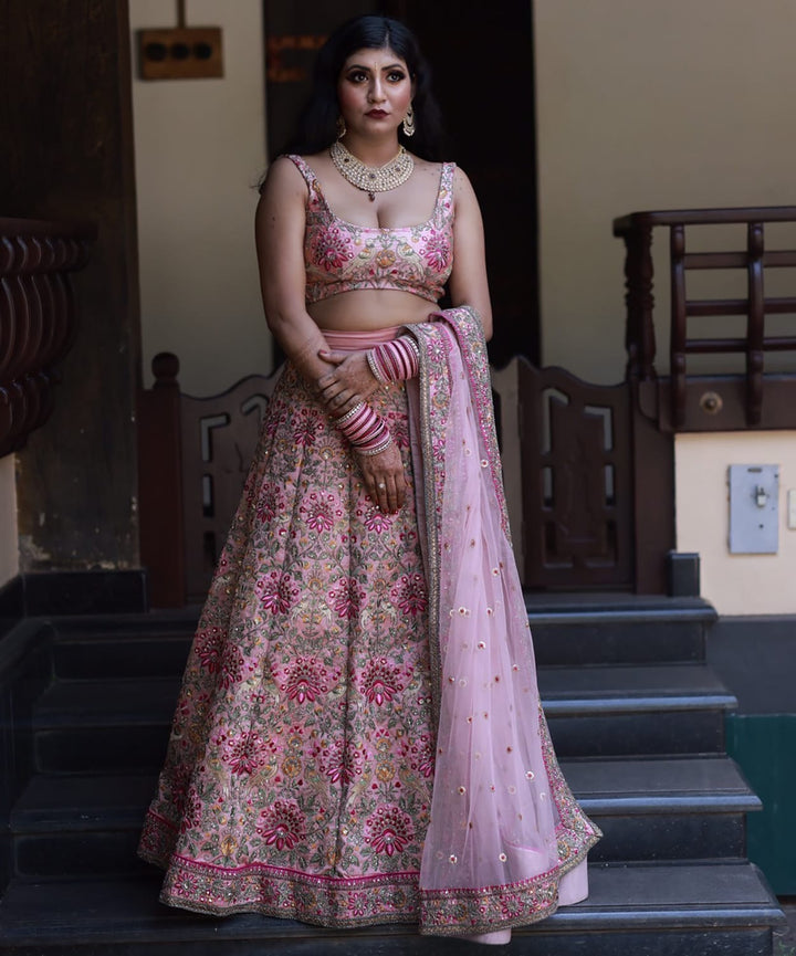 Peach Color Taffeta Silk Dori, Zari and Thread Embroidery work Lehenga Choli