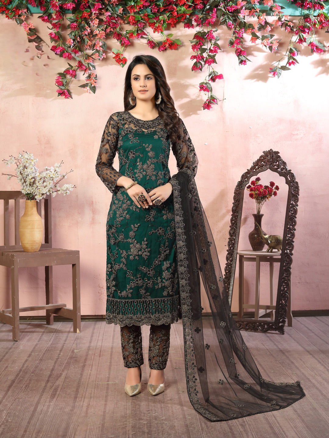 Green Color Net Satin With Embroidery And Sequins Work Salwar Suit