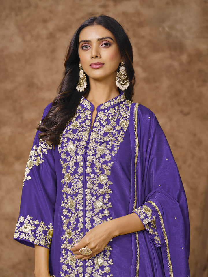 Purple Color Chinnon With Embroidery And Sequins Work Top And Plazo