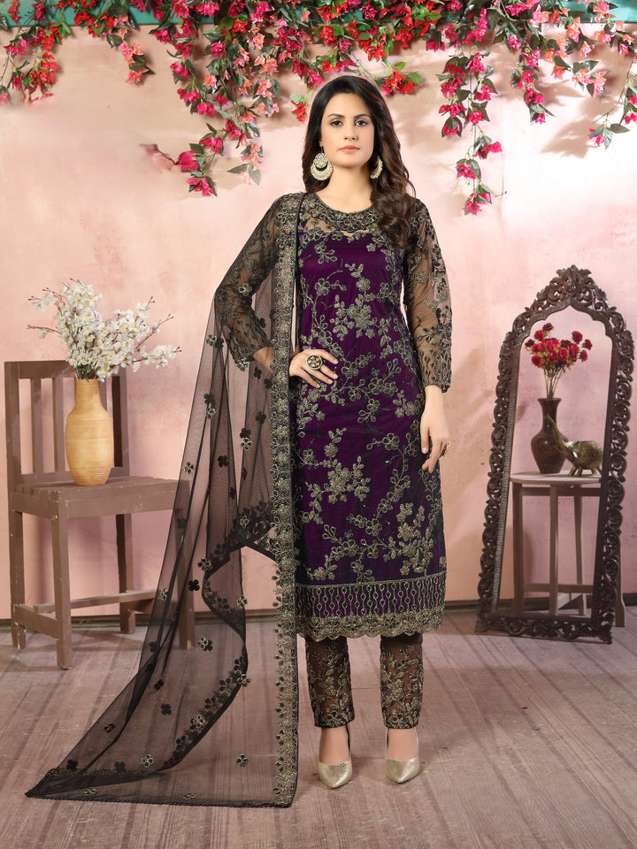 Purple Color Net Satin With Embroidery And Sequins Work Salwar Suit