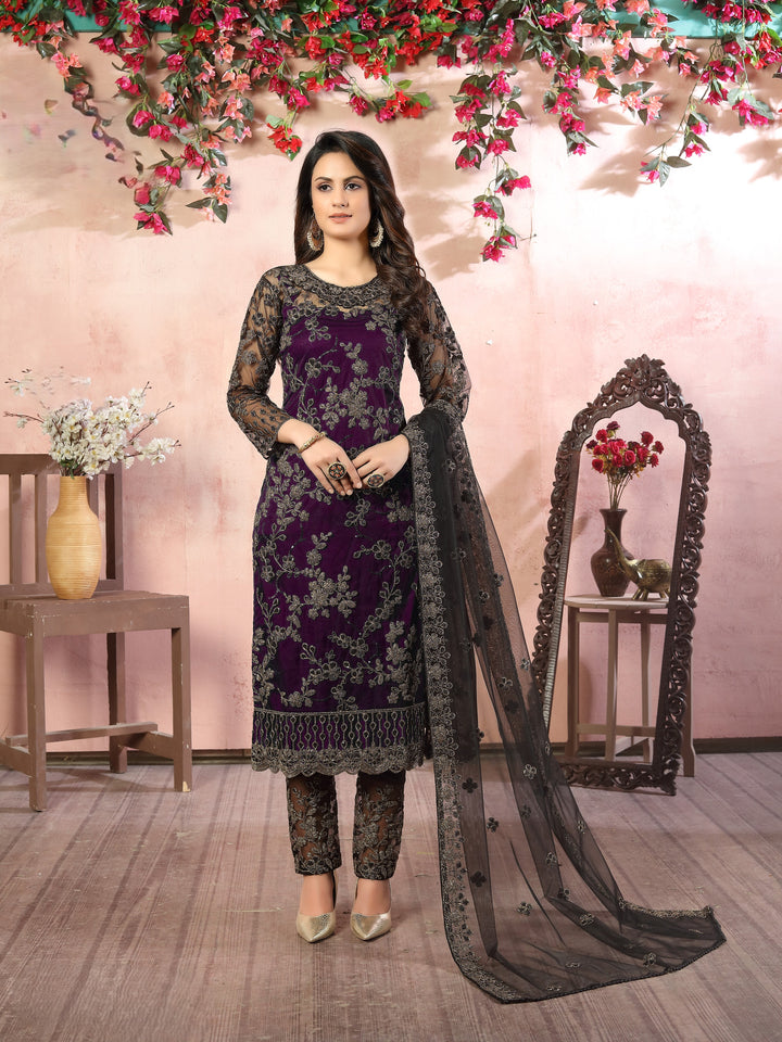 Purple Color Net Satin With Embroidery And Sequins Work Salwar Suit