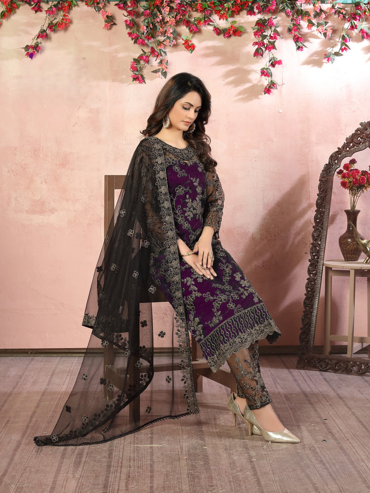 Purple Color Net Satin With Embroidery And Sequins Work Salwar Suit