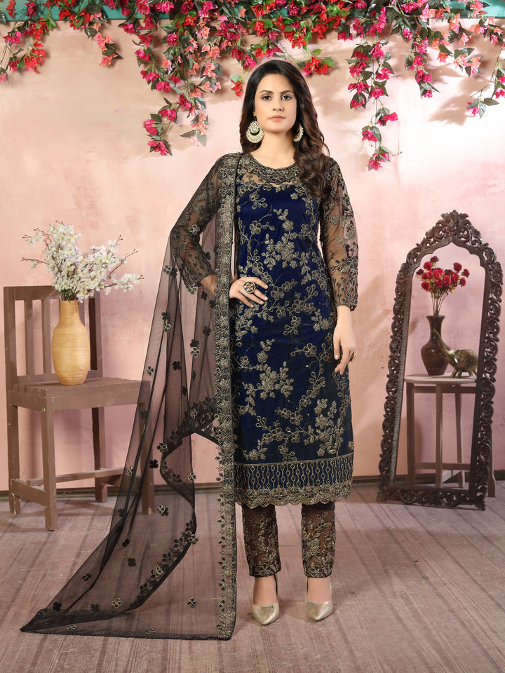 Blue Color Net Satin With Embroidery And Sequins Work Salwar Suit
