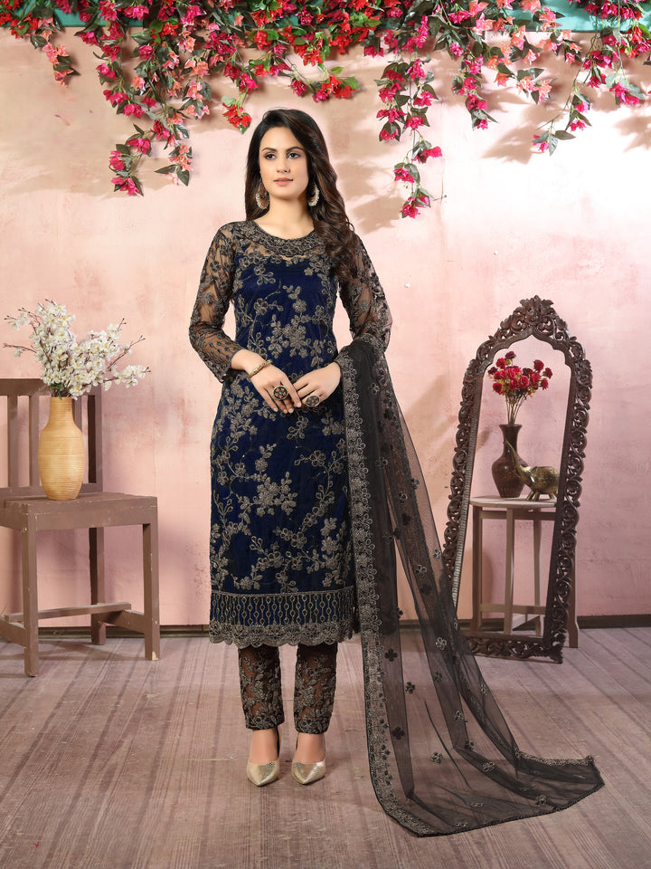 Blue Color Net Satin With Embroidery And Sequins Work Salwar Suit