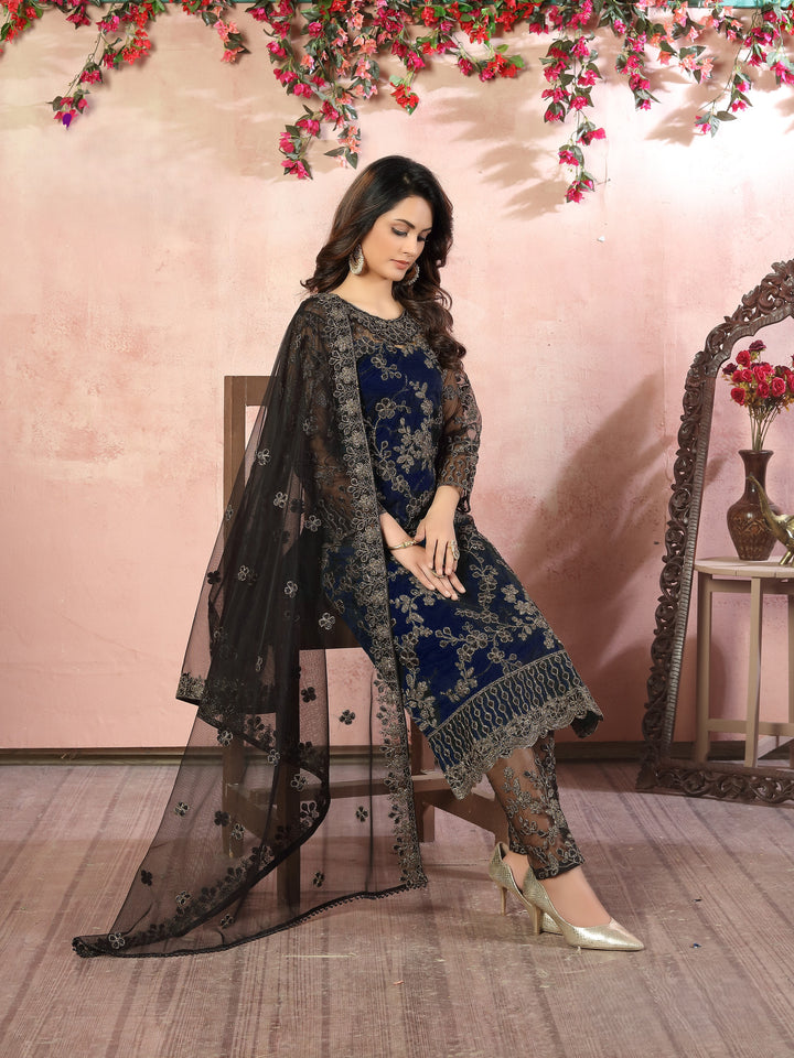 Blue Color Net Satin With Embroidery And Sequins Work Salwar Suit