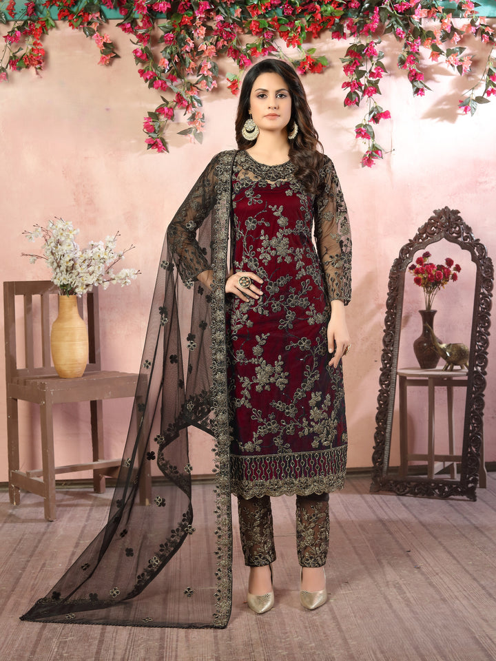 Red Color Net Satin With Embroidery And Sequins Work Salwar Suit