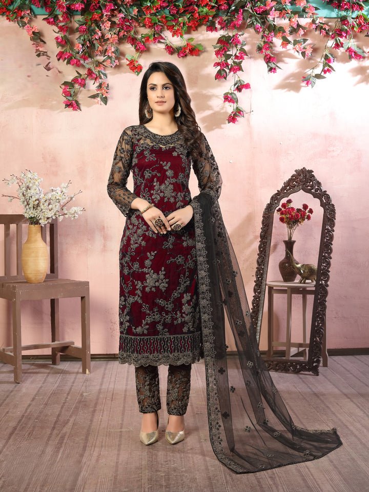 Red Color Net Satin With Embroidery And Sequins Work Salwar Suit