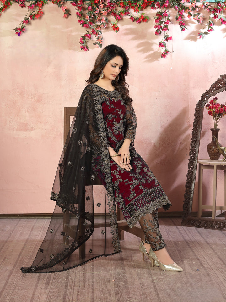 Red Color Net Satin With Embroidery And Sequins Work Salwar Suit