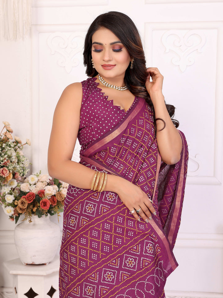 Purple Amba Pure Patola And Bandhej Pattern Soft Cotton Light Weight Saree