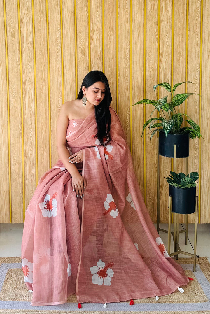 Orange Champa-2 Soft Linen Cotton Digital Print Sarees With Flower Print & Printed Pallu