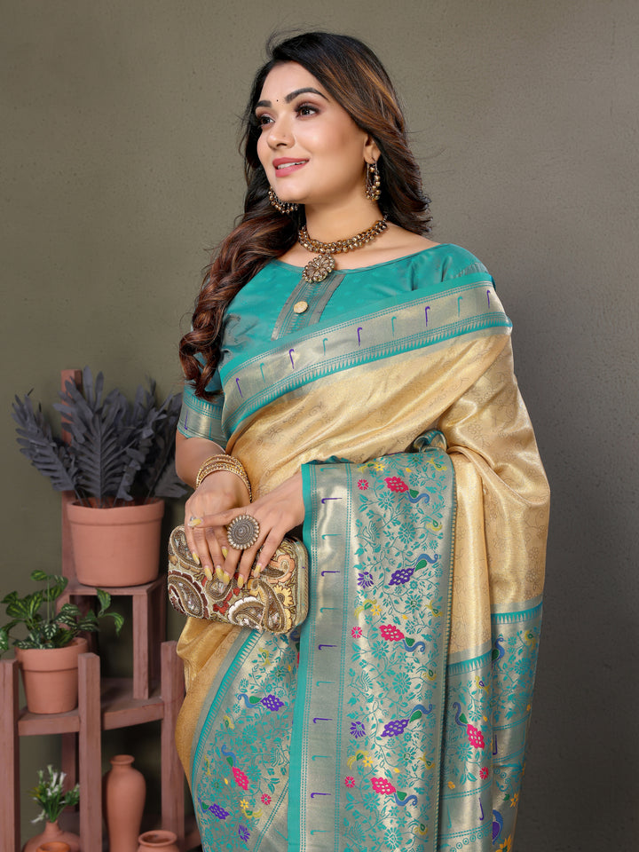 Cream Mrudangi Pure Banarasi Tissue silk sarees contrast Paithani woven border classic pallu