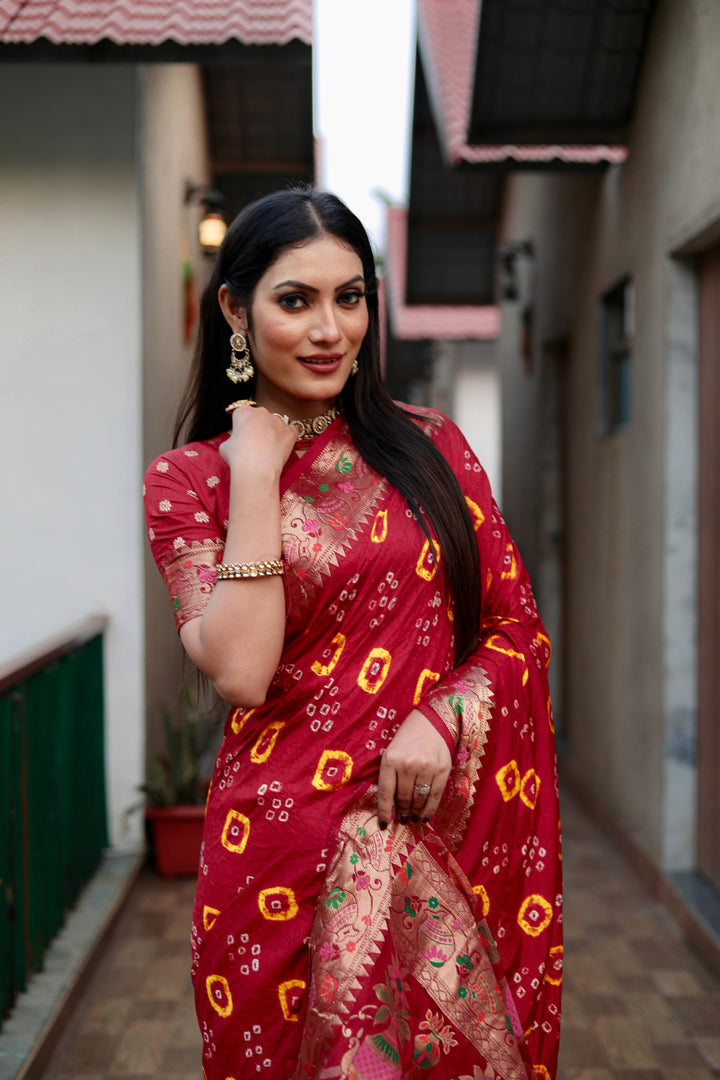 Red Kalash Pure Bandhej Silk Saree With Matka Border Zari Weaving Rich Pallu