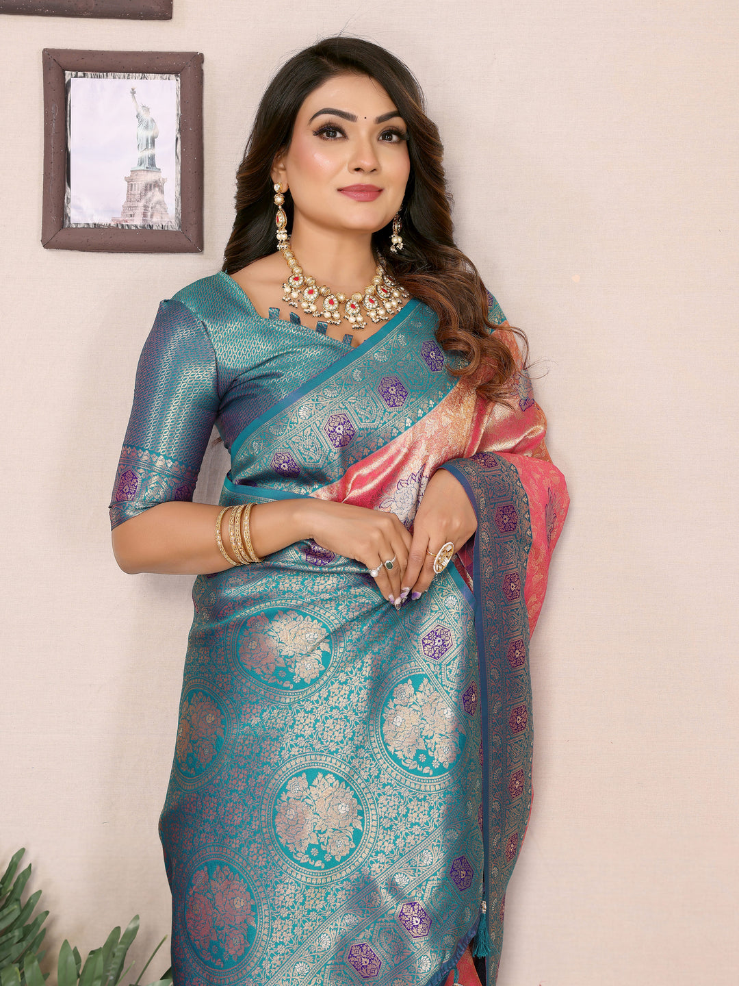 Pink Saroj Banarasi Silk Saree With Contrast Paithani Woven Borders & Pallu