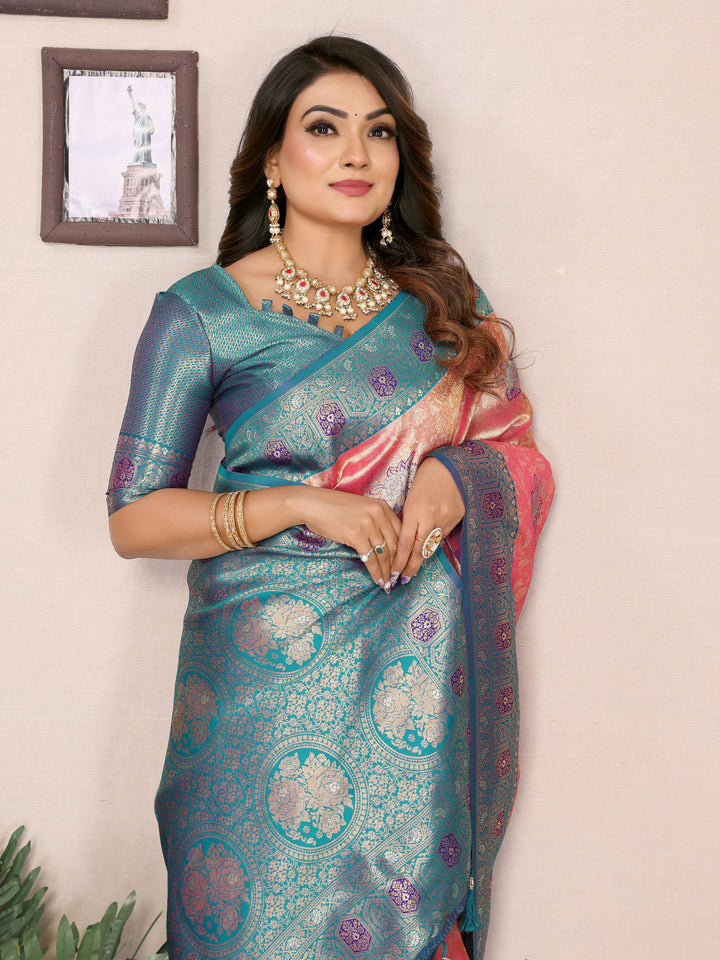 Pink Saroj Banarasi Silk Saree With Contrast Paithani Woven Borders & Pallu
