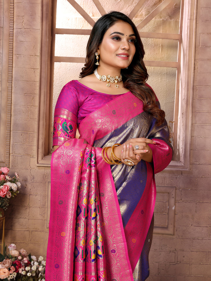 Blue Vimala Banarasi Silk Saree With Contrast Paithani Woven Borders & Pallu